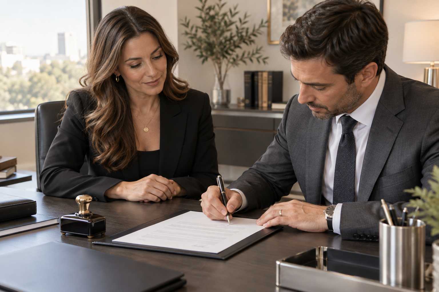 Notary witnessing a client signing a document